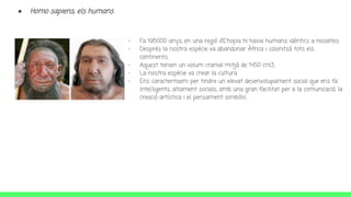 ● Homo sapiens; els humans
- Fa 195000 anys, en una regió d’Etiopia hi havia humans idèntics a nosaltes.
- Després la nostra espècie va abandonar Àfrica i colonitzà tots els
continents.
- Aquest tenien un volum cranial mitjà de 1450 cm3.
- La nostra espècie va crear la cultura.
- Ens caracteritzem per tindre un elevat desenvolupament social que ens fa
intel.ligents, altament socials, amb una gran facilitat per a la comunicació, la
creació artística i el pensament simbòlic.
 