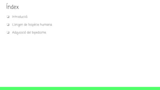 Índex
❏ Introducció.
❏ L’origen de l’espècie humana.
❏ Adquisició del bipedisme.
 