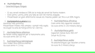 ● Australopithecus
- El seu cervell rondava el 35% de la mida del cervell de l'home modern.
- Eren petits i prims, amb una talla de 1,20-1,40 metres d'alçada.
- Presentaven un gran diformisme sexual, els mascles podien ser fins a un 50% majors.
- Comprenen 6 espècies;1. Australopithecus anamensis:
Homínids més primitius.
Presentaven molars més amples i esmalt més espès.
Va ocupar la zona de Kenya entre 4,2 i 3,9 m.a.
2. Australopithecus afarensis.
No tenien molta capacitat per a transmetre sons.
Va viure entre 3,9 i 2,7 m.a.
3. Australopithecus bahrelghazali
Únic trobat fora d'Àfrica oriental.
Va viure entre 4 i 3 m.a.
4. Australopithecus africanus:
Crani amb més capacitat cerebral.
Va viure entre 3 i 2.5 millions d’anys
5. Australopithecus garhi:
Capacitat cranial d'uns 450 cm³
Situat fa 2,5 m.a.
6. Australopithecus sediba:
Té característiques que l'acosten a Homo.
Va viure fa 2 milions d'anys.
Característiques físiques
 