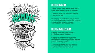 HUMBLE IS...
Asking “Right, what did we learn here?”
when the numbers tell you it bombed.
Admitting that, yes, their idea is better
– very brave, too.
Developing yourself because you know
your strengths and weaknesses – and you
want to be the best you can be.
HUMBLE IS NOT...
Keeping quiet about a success –
it’s how the rest of us learn.
Keeping your ambitions to yourself.
How else will we know you’re the perfect
person for that project?
A face you put on every day because
you know it’s one of our values.
 