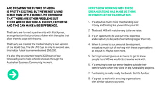 ANDCREATINGTHEFUTUREOFMEDIA
ISPRETTYEXCITING,BUTWE’RENOTLIVING
INOUROWNLITTLEBUBBLE.WERECOGNISE
THATTHEREAREOTHERPROBLEMSOUT
THEREWHEREOURSKILLS,ENERGY,EXPERTISE
ANDTIMECANMAKEABIGDIFFERENCE.
That’s why we formed a partnership with KidsXpress,
an organisation that provides children with therapies that
allow them to cope with trauma.
That’s why we created the media industry’s own version
of the World Cup, The UN LTD Cup. In only its second year,
this indoor futsal tournament raised $50,000.
It’s also why we volunteer nearly 300 hours of our
time each year to help school kids read, through the
Australian Business Community Network.
HERE’SHOWWORKINGWITHTHESE
ORGANISATIONSHASMADEUSTHINK
BEYONDWHATWECANDOATMi9:
1.	 It’s about so much more than handing over
	 money and feeling like you’ve done your bit.
2.	 That said, Mi9 will match every dollar we raise.
3.	 It’s an opportunity to use our time, expertise
	 and creativity to be part of something bigger than Mi9.
4.	 When it comes to our personal development,
	 we get as much out of working with these organisations
	 as we put in. Maybe even more.
5.	 Getting involved gives us a chance to get to know
	 people from Mi9 we wouldn’t otherwise work with.
6.	 It’s amazing to see our senior leaders outside their
	 comfort zone when they work on big fundraising projects.
7.	 Fundraising is really, really hard work. But it’s fun too.
8.	 It’s great to work with amazing organisations
	 with similar values to our own.
R
 