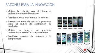 • Mejora la relación con el cliente al
presentarle nuevos beneficios.
• Permite nuevos argumentos de ventas.
• Aumenta el nivel de ventas al presionar
sobre el índice de sustitución de
producto.
• Mejora la imagen de empresa
presentándola como activa y moderna.
• Establece barreras de entrada a la
competencia.
RAZONES PARA LA INNOVACIÓN
 