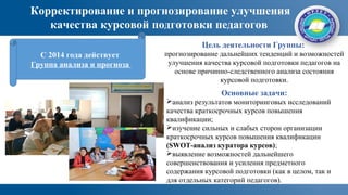 Цель деятельности Группы:
прогнозирование дальнейших тенденций и возможностей
улучшения качества курсовой подготовки педагогов на
основе причинно-следственного анализа состояния
курсовой подготовки.
Корректирование и прогнозирование улучшения
качества курсовой подготовки педагогов
С 2014 года действует
Группа анализа и прогноза
Основные задачи:
анализ результатов мониторинговых исследований
качества краткосрочных курсов повышения
квалификации;
изучение сильных и слабых сторон организации
краткосрочных курсов повышения квалификации
(SWOT-анализ куратора курсов);
выявление возможностей дальнейшего
совершенствования и усиления предметного
содержания курсовой подготовки (как в целом, так и
для отдельных категорий педагогов).
 