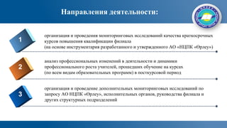Направления деятельности:
1
2
3
организация и проведения мониторинговых исследований качества краткосрочных
курсов повышения квалификации филиала
(на основе инструментария разработанного и утвержденного АО «НЦПК «Өрлеу»)
анализ профессиональных изменений в деятельности и динамики
профессионального роста учителей, прошедших обучение на курсах
(по всем видам образовательных программ) в посткурсовой период
организация и проведение дополнительных мониторинговых исследований по
запросу АО НЦПК «Өрлеу», исполнительных органов, руководства филиала и
других структурных подразделений
 