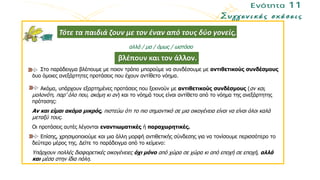 Τότε τα παιδιά ζουν με τον έναν από τους δύο γονείς,
αλλά / μα / όμως / ωστόσο
βλέπουν και τον άλλον.
Στο παράδειγμα βλέπουμε με ποιον τρόπο μπορούμε να συνδέσουμε με αντιθετικούς συνδέσμους
δυο όμοιες ανεξάρτητες προτάσεις που έχουν αντίθετο νόημα.
Ακόμα, υπάρχουν εξαρτημένες προτάσεις που ξεκινούν με αντιθετικούς συνδέσμους (αν και,
μολονότι, παρ’ όλο που, ακόμη κι αν) και το νόημά τους είναι αντίθετο από το νόημα της ανεξάρτητης
πρότασης:
Αν και είμαι ακόμα μικρός, πιστεύω ότι το πιο σημαντικό σε μια οικογένεια είναι να είναι όλοι καλά
μεταξύ τους.
Οι προτάσεις αυτές λέγονται εναντιωματικές ή παραχωρητικές.
Επίσης, χρησιμοποιούμε και μια άλλη μορφή αντιθετικής σύνδεσης για να τονίσουμε περισσότερο το
δεύτερο μέρος της. Δείτε το παράδειγμα από το κείμενο:
Υπάρχουν πολλές διαφορετικές οικογένειες όχι μόνο από χώρα σε χώρα κι από εποχή σε εποχή, αλλά
και μέσα στην ίδια πόλη.
 