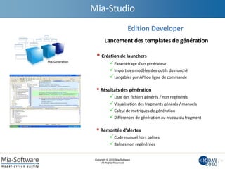 Copyright © 2010 Mia-Software
All Rights Reserved
Edition Developer
Lancement des templates de génération
 Création de launchers
Paramétrage d’un générateur
Import des modèles des outils du marché
Lançables par API ou ligne de commande
 Résultats des génération
Liste des fichiers générés / non regénérés
Visualisation des fragments générés / manuels
Calcul de métriques de génération
Différences de génération au niveau du fragment
 Remontée d’alertes
Code manuel hors balises
Balises non regénérées
Mia-Studio
 