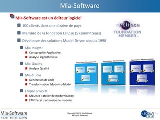 Copyright © 2010 Mia-Software
All Rights Reserved
Mia-Software
Mia-Software est un éditeur logiciel
100 clients dans une dizaine de pays
Membre de la fondation Eclipse (5 committeurs)
Développe des solutions Model-Driven depuis 1998
Mia-Insight :
Cartographie Applicative
Analyse algorithmique
Mia-Quality
Analyse Qualité
Mia-Studio
Génération de code
Transformation Model-to-Model
Eclipse projects
MoDisco : atelier de modernisation
EMF Facet : extension de modèles
 