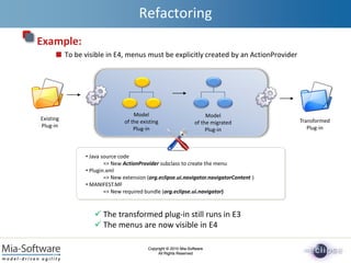 Copyright © 2010 Mia-Software
All Rights Reserved
Copyright © 2010 Mia-Software
All Rights Reserved
Refactoring
Example:
To be visible in E4, menus must be explicitly created by an ActionProvider
• Java source code
=> New ActionProvider subclass to create the menu
• Plugin.xml
=> New extension (org.eclipse.ui.navigator.navigatorContent )
• MANIFEST.MF
=> New required bundle (org.eclipse.ui.navigator)
Transformed
Plug-in
Existing
Plug-in
Model
of the existing
Plug-in
Model
of the migrated
Plug-in
 The transformed plug-in still runs in E3
 The menus are now visible in E4
 