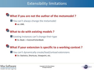 Copyright © 2010 Mia-Software
All Rights Reserved
Copyright © 2010 Mia-Software
All Rights Reserved
Extensibility limitations
What if you are not the author of the metamodel ?
You can’t always change the metamodel
ex: UML
What to do with existing models ?
Existing Instances can’t change their type
Ex: Book -> ScienceFictionBook
What if your extension is specific to a working context ?
You can’t dynamically create/load/unload extensions
Ex: Statistics, Shortcuts, Viewpoint, etc.
 