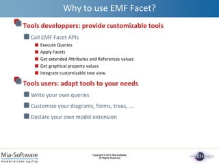 Copyright © 2010 Mia-Software
All Rights Reserved
Copyright © 2010 Mia-Software
All Rights Reserved
Why to use EMF Facet?
Tools developpers: provide customizable tools
Call EMF Facet APIs
Execute Queries
Apply Facets
Get extended Attributes and References values
Get graphical property values
Integrate customizable tree view
Tools users: adapt tools to your needs
Write your own queries
Customize your diagrams, forms, trees, …
Declare your own model extension
 