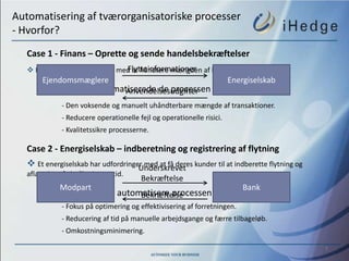 Automatisering af tværorganisatoriske processer
- Hvorfor?
   Case 1 - Finans – Oprette og sende handelsbekræftelser
                                Flytteinformationer
    En bank har udfordringer med at håndtere mængden af handelsbekræftelser.
        Ejendomsmæglere                                                Energiselskab
              Hvorfor automatiserede de processen
                            Anvendelsesudgifter
              - Den voksende og manuelt uhåndterbare mængde af transaktioner.
              - Reducere operationelle fejl og operationelle risici.
              - Kvalitetssikre processerne.

   Case 2 - Energiselskab – indberetning og registrering af flytning
    Et energiselskab har udfordringer med at få deres kunder til at indberette flytning og
                                     Underskrevet
   aflæsning af elmåler i rette tid.
                                        Bekræftelse
              Modpart                                                      Bank
              Hvorfor vil de automatisere processen
                                  Bekræftelse
              - Fokus på optimering og effektivisering af forretningen.
              - Reducering af tid på manuelle arbejdsgange og færre tilbageløb.
              - Omkostningsminimering.

                                                                                              7
 