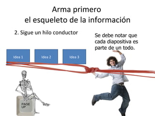 Arma primero  el esqueleto de la información 2. Sigue un hilo conductor Se debe notar que cada diapositiva es parte de un todo.  Idea 2 Idea 1 Idea 3 