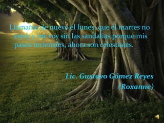 Llámame de nuevo el lunes, que el martes no
estoy y me voy sin las sandalias porque mis
pasos terrenales, ahora son celestiales.
Lic. Gustavo Gómez Reyes
(Roxanne)
 