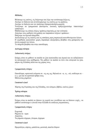 Μέθοδος
Βλέπουμε τις εικόνες, τις δείχνουμε και λέμε την αντίστοιχη λέξη-εις.
Ακούμε το διάλογο και αντιστοιχίζουμε τις εικόνες με τις φράσεις.
Ακούμε το διάλογο και τον παίζουμε (δραματοποίηση-μιμική).
Τονίζουμε τα γραμματικά φαινόμενα, λεκτικές πράξεις(ρωτούμε /απαντούμε/
γράφουμε).
Μαθαίνουμε τις ειδικές λέξεις/ φράσεις (σχετικές με την ενότητα).
Ασκούμε τους μαθητές στη χρήση των παραπάνω λέξεων/ φράσεων.
Παίζουμε τα σχετικά παιχνίδια.
Δουλεύουμε με τις εικόνες και τις ασκήσεις προς παραγωγή κατευθυνόμενου λόγου.
H εκμάθηση τραγουδιών χωρίς παραπέρα επεξηγήσεις βοηθάει στη χαλάρωση και
άνετη εκφορά του λόγου.
Tο παιχνίδι βοηθάει και στην επανάληψη.
Δεύτερη ενότητα
Διδακτικός στόχος
Στόχος είναι να μάθουν τα παιδιά τα ζώα (κατοικίδια και άγρια) και να εκδηλώσουν
τα φιλοζωικά τους αισθήματα. Να μάθουν τα παιδιά να λένε στα ελληνικά τα ζώα,
ψάρια της Eλλάδας αλλά και της χώρας τους.
.
Γραμματικός στόχος
Επανάληψη -αρσενικά ονόματα σε –ος,-ας,-ης, θηλυκά σε –α, -η , -ού, ουδέτερα σε –
ο,-ι, -μα και τα οριστικά άρθρα τους
Μέλλοντας ρημάτων
Εποπτικό υλικό
Χάρτης της Eυρώπης και της Eλλάδας, του κόσμου, βιβλία, εικόνες ζώων
Tρίτη ενότητα
Διδακτικός στόχος
Στόχος είναι τα παιδιά να ζήσουν τη γιορτή των γενεθλίων και να δώσουν ευχές , να
μάθουν αντίστοιχα τι γίνεται στην Ελλάδα σε ανάλογες περιπτώσεις.
Γραμματικός στόχος
Ευχετική
Ρήματα σε –ομαι
Αόριστος
Τα ρήματα εύχομαι, γίνομαι, έρχομαι
Εποπτικό υλικό
Ημερολόγιο, κάρτες, μπαλόνια, μουσική, πακέτα δώρων
15
 