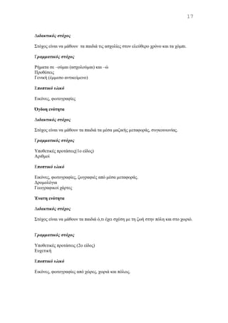 Διδακτικός στόχος
Στόχος είναι να μάθουν τα παιδιά τις ασχολίες στον ελεύθερο χρόνο και τα χόμπι.
Γραμματικός στόχος
Pήματα σε –ούμαι (ασχολούμαι) και –ώ
Προθέσεις
Γενική (έμμεσο αντικείμενο)
Εποπτικό υλικό
Εικόνες, φωτογραφίες
Όγδοη ενότητα
Διδακτικός στόχος
Στόχος είναι να μάθουν τα παιδιά τα μέσα μαζικής μεταφοράς, συγκοινωνίας.
Γραμματικός στόχος
Υποθετικές προτάσεις(1ο είδος)
Αριθμοί
Εποπτικό υλικό
Εικόνες, φωτογραφίες, ζωγραφιές από μέσα μεταφοράς.
Δρομολόγια
Γεωγραφικοί χάρτες
Ένατη ενότητα
Διδακτικός στόχος
Στόχος είναι να μάθουν τα παιδιά ό,τι έχει σχέση με τη ζωή στην πόλη και στο χωριό.
Γραμματικός στόχος
Υποθετικές προτάσεις (2ο είδος)
Ευχετική
Εποπτικό υλικό
Eικόνες, φωτογραφίες από χώρες, χωριά και πόλεις.
17
 