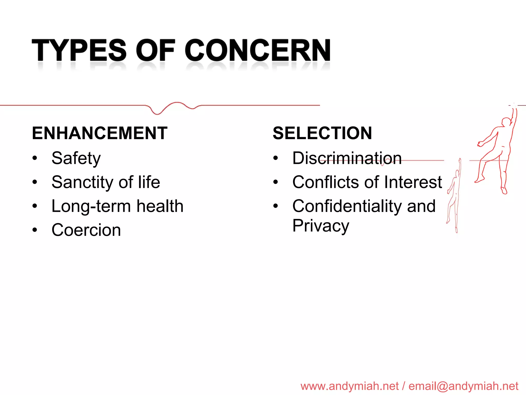 ENHANCEMENT Safety Sanctity of life Long-term health Coercion SELECTION Discrimination Conflicts of Interest Confidentiality and Privacy 