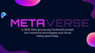 METAVERSE
In 2019, Meta (previously Facebook) pivoted
into immersive technologies and virtual
reality specifically.
 