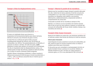 171
Conducción y medio ambiente
Seguridad ante todo Instrucciones de manejo Consejos prácticos Datos técnicos
Consejo 6. Evitar los desplazamientos cortos
El motor y el catalizador tienen que alcanzar su
temperatura de funcionamiento óptima para reducir de forma
efectiva el consumo y las emisiones de gases nocivos.
El motor frío de un vehículo de gama media consume
inmediatamente después de arrancar unos 30-40 litros de
combustible a los 100 km. Tras aproximadamente un kilómetro, el
consumo se reduce a 20 litros. Tan sólo tras aprox. c
cu
ua
at
tr
ro
o
kilómetros el motor está caliente y el consumo se ha normalizado.
Por ello, es importante evitar los desplazamientos cortos, y no
calentar jamás el motor del vehículo, estando el vehículo parado,
con el motor en marcha. ¡Arranque Usted enseguida!
También influye la temperatura ambiental. La figura muestra la
diferencia de consumo (l/100 km) para el mismo recorrido (km), a
+ 20°C y –10°C. Su vehículo consumirá más en invierno que en
verano ⇒ fig. 153. K
Consejo 7. Observar la presión de los neumáticos
Observe que los neumáticos tengan siempre la presión adecuada.
Tan sólo medio bar de menos aumenta el nivel de consumo de
combustible en un 5 por ciento. Si la presión es incorrecta los
neumáticos se desgastan antes debido a una excesiva
deformación y sobrecalentamiento, empeorando también el
comportamiento de conducción.
Compruebe la presión de los neumáticos siempre en frío.
Además: no conduzca con los neumáticos de invierno durante
todo el año, ya que son más ruidosos y suponen un aumento del
consumo de combustible del 10 por ciento. Cambie a tiempo a los
neumáticos de verano. K
Consejo 8. Evitar el peso innecesario
Aparte de los hábitos de conducción y las revisiones periódicas de
su vehículo, existen otras formas de disminuir el nivel de consumo:
E
Ev
vi
it
te
e e
el
l p
pe
es
so
o i
in
nn
ne
ec
ce
es
sa
ar
ri
io
o
Cada kilogramo de peso aumenta el consumo de combustible; por
ello, merece la pena en muchas ocasiones echar un vistazo al
maletero para evitar peso innecesario.
Es frecuente que, por comodidad, el portaequipajes de techo se
quede montado incluso cuando ya no se precise. Debido a la
elevada resistencia al aire, una baca sin carga aumenta el
consumo aprox. un 12% a una velocidad de 100-120 km/h. K
5
+20°C
–10°C
15 25
km
30
l/100km
B45-356P Fig. 153
 