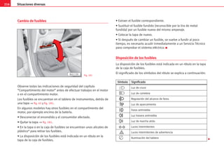 216 Situaciones diversas
Cambio de fusibles
Observe todas las indicaciones de seguridad del capítulo
“Compartimiento del motor” antes de efectuar trabajos en el motor
o en el compartimiento motor.
Los fusibles se encuentran en el tablero de instrumentos, detrás de
una tapa ⇒ fig. 45 y fig. 181.
En algunos modelos hay otros fusibles en el compartimento del
motor, por ejemplo encima de la batería.
• Desconectar el encendido y el consumidor afectado.
• Quitar la tapa ⇒ fig. 181.
• En la tapa o en la caja de fusibles se encuentran unos alicates de
plástico* para retirar los fusibles.
• La disposición de los fusibles está indicada en un rótulo en la
tapa de la caja de fusibles.
• Extraer el fusible correspondiente.
• Sustituir el fusible fundido (reconocible por la tira de metal
fundida) por un fusible nuevo del mismo amperaje.
• Colocar la tapa de nuevo.
• Si después de cambiar un fusible, se vuelve a fundir al poco
tiempo, es necesario acudir inmediatamente a un Servicio Técnico
para comprobar el sistema eléctrico. K
Disposición de los fusibles
La disposición de los fusibles está indicada en un rótulo en la tapa
de la caja de fusibles.
El significado de los símbolos del rótulo se explica a continuación:
AL0-139 Fig. 181
S
Sí
ím
mb
bo
ol
lo
o S
Si
ig
gn
ni
if
fi
ic
ca
ad
do
o
Luz de cruce
Luz de carretera
Regulación del alcance de faros
Luz de aparcamiento
Faros antiniebla
Luz trasera antiniebla
Luz de marcha atrás
Luces intermitentes
Luces intermitentes de advertencia
Iluminación del tablero 
 