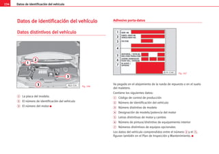 234 Datos de identificación del vehículo
D
Da
at
to
os
s d
de
e i
id
de
en
nt
ti
if
fi
ic
ca
ac
ci
ió
ón
n d
de
el
l v
ve
eh
hí
íc
cu
ul
lo
o
D
Da
at
to
os
s d
di
is
st
ti
in
nt
ti
iv
vo
os
s d
de
el
l v
ve
eh
hí
íc
cu
ul
lo
o
1 La placa del modelo.
2 El número de identificación del vehículo
3 El número del motor K
Adhesivo porta-datos
Va pegado en el alojamiento de la rueda de repuesto o en el suelo
del maletero.
Contiene los siguientes datos:
1 Código de control de producción
2 Número de identificación del vehículo
3 Número distintivo de modelo
4 Designación de modelo/potencia del motor
5 Letras distintivas de motor y cambio
6 Número de pintura/distintivo de equipamiento interior
7 Números distintivos de equipos opcionales
Los datos del vehículo comprendidos entre el número 2 y el 7 ,
figuran también en el Plan de Inspección y Mantenimiento. K
B1H-116C
Fig. 196
Fig. 197
2
3
3
1
AL0-154
 