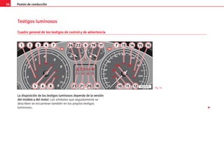 Puesto de conducción
56
L
La
a d
di
is
sp
po
os
si
ic
ci
ió
ón
n d
de
e l
lo
os
s t
te
es
st
ti
ig
go
os
s l
lu
um
mi
in
no
os
so
os
s d
de
ep
pe
en
nd
de
e d
de
e l
la
a v
ve
er
rs
si
ió
ón
n
d
de
el
l m
mo
od
de
el
lo
o y
y d
de
el
l m
mo
ot
to
or
r.
. Los símbolos que seguidamente se
describen se encuentran también en los propios testigos
luminosos.
T
Te
es
st
ti
ig
go
os
s l
lu
um
mi
in
no
os
so
os
s
Cuadro general de los testigos de control y de advertencia
Fig. 54

1/2
0 1/1
90
60 120
0
2
1
5
6
4
7
8
1/min
x1000
3
0
20
40
60
80
100
140
180
220
260
30
50
70
90 120
160
200
240
Km/h
1
PRN 321 888888
8888 8
service
88:88
EPC
!
1 2 3 4 7 16
15
14
13
12
24 22 19 17
11
10
5 6 8
9
23 21 18
20
7
AL0-075
 