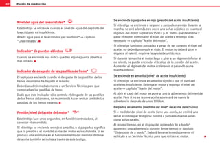 Puesto de conducción
62
Nivel del agua del lavacristales*
Este testigo se enciende cuando el nivel de agua del depósito del
lavacristales es insuficiente.
Añadir agua para el lavacristales y el lavafaros* ⇒ capítulo
“Lavacristales”. K
Indicador* de puertas abiertas
Cuando se enciende nos indica que hay alguna puerta abierta o
mal cerrada. K
Indicador de desgaste de las pastillas de freno*
El testigo se enciende cuando el desgaste de las pastillas de los
frenos delanteros ha llegado al máximo.
Deberá acudir inmediatamente a un Servicio Técnico para que
comprueben las pastillas de freno.
Dado que este indicador sólo controla el desgaste de las pastillas
de los frenos delanteros, se recomienda hacer revisar también las
pastillas de los frenos traseros. K
Presión/nivel del aceite del motor*
Este testigo luce unos segundos, en función controladora, al
conectar el encendido.
Si el testigo se enciende en rojo o amarillo, o si parpadea significa
que la presión o el nivel del aceite del motor es insuficiente. Si se
produce una anomalía en el funcionamiento del medidor del nivel
de aceite también se indica a través de este testigo.
S
Se
e e
en
nc
ci
ie
en
nd
de
e o
o p
pa
ar
rp
pa
ad
de
ea
a e
en
n r
ro
oj
jo
o (
(p
pr
re
es
si
ió
ón
n d
de
el
l a
ac
ce
ei
it
te
e i
in
ns
su
uf
fi
ic
ci
ie
en
nt
te
e)
)
Si el testigo se enciende o se pone a parpadear en rojo durante la
marcha, se oirá además tres veces una señal acústica en cuanto el
régimen del motor supere las 1500 r.p.m. Habrá que detenerse y
parar el motor: compruebe el nivel del aceite y reponga si es
necesario ⇒ capítulo “Aceite del motor”.
Si el testigo luminoso parpadea a pesar de ser correcto el nivel del
aceite, no deberá proseguir el viaje. El motor no deberá girar ni
siquiera al ralentí; requiera la ayuda de un técnico.
Si durante la marcha el motor llega a girar a un régimen inferior al
de ralentí, se puede encender el testigo de la presión del aceite.
Aumentar el régimen del motor acelerando o pasando a una
marcha inferior.
S
Se
e e
en
nc
ci
ie
en
nd
de
e e
en
n a
am
ma
ar
ri
il
ll
lo
o (
(n
ni
iv
ve
el
l*
* d
de
e a
ac
ce
ei
it
te
e i
in
ns
su
uf
fi
ic
ci
ie
en
nt
te
e)
)
Si el testigo se enciende en amarillo significa que el nivel del
aceite es insuficiente. Detenga el motor y reponga el nivel de
aceite ⇒ capítulo “Aceite del motor”.
Al abrir el capó del motor se pone a cero la advertencia del nivel de
aceite. Pero si no se repone aceite aparecerá de nuevo la
advertencia después de unos 100 km.
P
Pa
ar
rp
pa
ad
de
ea
a e
en
n a
am
ma
ar
ri
il
ll
lo
o (
(m
me
ed
di
id
do
or
r d
de
el
l n
ni
iv
ve
el
l*
* d
de
e a
ac
ce
ei
it
te
e d
de
ef
fe
ec
ct
tu
uo
os
so
o)
)
Si e medidor del nivel de aceite tiene una avería, se emitirá una
señal acústica y el testigo se pondrá a parpadear varias veces
como aviso de ello.
Al mismo tiempo, en el display del ordenador de a bordo*
aparecerá una advertencia durante breve tiempo ⇒ capítulo
“Ordenador de a bordo”. Deberá llevarse inmediatamente el
vehículo a un Servicio Técnico para que revisen el motor. 
 