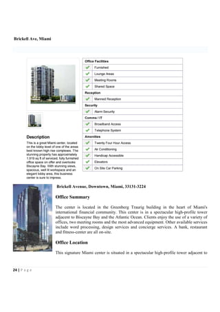 Brickell Ave, Miami




                      Brickell Avenue, Downtown, Miami, 33131-3224

                      Office Summary

                      The center is located in the Greenberg Traurig building in the heart of Miami's
                      international financial community. This center is in a spectacular high-profile tower
                      adjacent to Biscayne Bay and the Atlantic Ocean. Clients enjoy the use of a variety of
                      offices, two meeting rooms and the most advanced equipment. Other available services
                      include word processing, design services and concierge services. A bank, restaurant
                      and fitness-center are all on-site.

                      Office Location

                      This signature Miami center is situated in a spectacular high-profile tower adjacent to


24 | P a g e
 