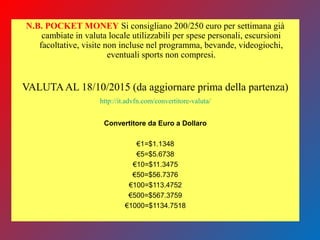N.B. POCKET MONEY Si consigliano 200/250 euro per settimana già
cambiate in valuta locale utilizzabili per spese personali, escursioni
facoltative, visite non incluse nel programma, bevande, videogiochi,
eventuali sports non compresi.
VALUTAAL 18/10/2015 (da aggiornare prima della partenza)
http://it.advfn.com/convertitore-valuta/
Convertitore da Euro a Dollaro
€1=$1.1348
€5=$5.6738
€10=$11.3475
€50=$56.7376
€100=$113.4752
€500=$567.3759
€1000=$1134.7518
 