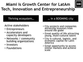 Miami is Growth Center for LatAm
Tech, Innovation and Entrepreneurship
Active stakeholders
• Entrepreneurs
• Accelerators ...