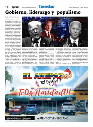 www.elvenezolanonews.com Miami, de diciembre 17 al 23 de 202010 Opinión
Gobierno, liderazgo y populismo
Carlos R. Méndez M...