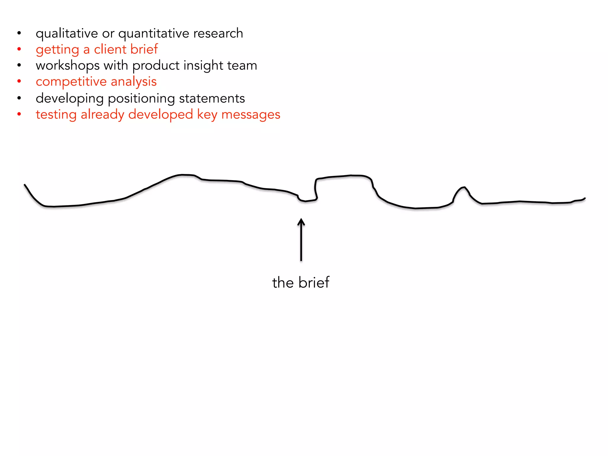 the brief	
  
•  qualitative or quantitative research
•  getting a client brief
•  workshops with product insight team
•  competitive analysis
•  developing positioning statements
•  testing already developed key messages
 