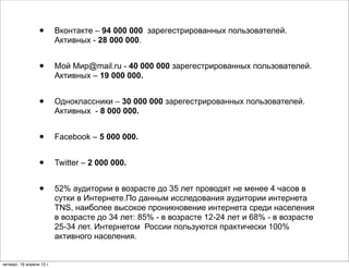•        Вконтакте – 94 000 000 зарегестрированных пользователей.
                           Активных - 28 000 000.


                  •        Мой Мир@mail.ru - 40 000 000 зарегестрированных пользователей.
                           Активных – 19 000 000.


                  •        Одноклассники – 30 000 000 зарегестрированных пользователей.
                           Активных - 8 000 000.


                  •        Facebook – 5 000 000.


                  •        Twitter – 2 000 000.


                  •        52% аудитории в возрасте до 35 лет проводят не менее 4 часов в
                           сутки в Интернете.По данным исследования аудитории интернета
                           TNS, наиболее высокое проникновение интернета среди населения
                           в возрасте до 34 лет: 85% - в возрасте 12-24 лет и 68% - в возрасте
                           25-34 лет. Интернетом России пользуются практически 100%
                           активного населения.


четверг, 19 апреля 12 г.
 