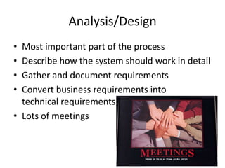 Analysis/DesignMost important part of the processDescribe how the system should work in detailGather and document requirementsConvert business requirements intotechnical requirementsLots of meetings