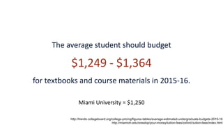 The average student should budget
$1,249 - $1,364
for textbooks and course materials in 2015-16.
http://trends.collegeboard.org/college-pricing/figures-tables/average-estimated-undergraduate-budgets-2015-16
http://miamioh.edu/onestop/your-money/tuition-fees/oxford-tuition-fees/index.html
Miami University = $1,250
 