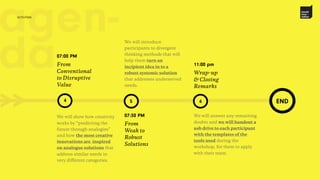 >> 5 6
novak
inno –
vation
agen-
da
END
We will introduce
participants to divergent
thinking methods that will
help them turn an
incipient idea in to a
robust systemic solution
that addresses underserved
needs.
07:30 PM
From
Weak to
Robust
Solutions
11:00 pm
Wrap-up
& Closing
Remarks
We will answer any remaining
doubts and we will handout a
usb drive to each participant
with the templates of the
tools used during the
workshop, for them to apply
with their team.
4
07:00 PM
From
Conventional
to Disruptive
Value
We will show how creativity
works by “predicting the
future through analogies”
and how the most creative
innovations are inspired
on analogue solutions that
address similar needs in
very different categories.
activities
 