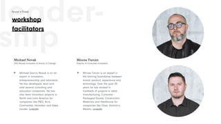 leader-
ship
Michael García Novak is an an
expert in innovation,
entrepreneurship and education.
He has developed, lead and
sold several consulting and
education companies. He has
also lead innovation projects in
North and Latin America for
companies like P&G, Arca
Continental, Heineken and Estée
Lauder. LinkedIn
Michael Novak
CEO Novak Innovation & School of Change
Mircea Turcan is an expert in
the blurring boundaries between
brand, product, experience and
technology. Over the past 20
years he has worked in
hundreds of projects in retail,
manufacturing, Consumer
Packaged Goods, Construction
Materials and Healthcare for
companies like Oxxo, Domino’s,
Alestra. LinkedIn
Mircea Turcan
Director of Consumer Innovation
> >
workshop
facilitators
Novak’s Finest
 