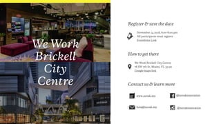 We Work
Brickell
City
Centre
Register & save the date
How to get there
Contact us & learn more
We Work Brickell City Centre
78 SW 7th St, Miami, FL 33130
Google maps link
November 14 2018, 6:00-8:00 pm
All participants must register
Eventbrite Link
novak
inno –
vation
www.novak.mx
hola@novak.mx
@novakinnovation
@novakinnovation
 