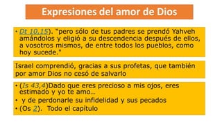 • (Is 43,4)Dado que eres precioso a mis ojos, eres
estimado y yo te amo…
• y de perdonarle su infidelidad y sus pecados
• (Os 2). Todo el capítulo
• Dt 10,15). “pero sólo de tus padres se prendó Yahveh
amándolos y eligió a su descendencia después de ellos,
a vosotros mismos, de entre todos los pueblos, como
hoy sucede."
Israel comprendió, gracias a sus profetas, que también
por amor Dios no cesó de salvarlo
 