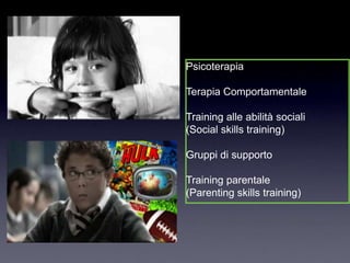 Psicoterapia

Terapia Comportamentale

Training alle abilità sociali
(Social skills training)

Gruppi di supporto

Training parentale
(Parenting skills training)
 