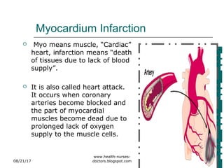 Myocardium Infarction
 Myo means muscle, “Cardiac”
heart, infarction means “death
of tissues due to lack of blood
supply”.
 It is also called heart attack.
It occurs when coronary
arteries become blocked and
the part of myocardial
muscles become dead due to
prolonged lack of oxygen
supply to the muscle cells.
08/21/17
www.health-nurses-
doctors.blogspot.com
 