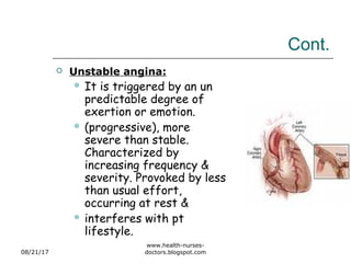 Cont.
 Unstable angina:
 It is triggered by an un
predictable degree of
exertion or emotion.
 (progressive), more
severe than stable.
Characterized by
increasing frequency &
severity. Provoked by less
than usual effort,
occurring at rest &
 interferes with pt
lifestyle.
08/21/17
www.health-nurses-
doctors.blogspot.com
 