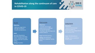 Rehabilitation along the continuum of care
in COVID-19
Acute
Objectives
- Optimize oxygenation
- Manage secretions
- Prevent complications
Input:
Specialist Respiratory
physiotherapist /therapist
and/or rehabilitation staff
experienced with ICU/HDU
setting
Setting: ICU/HDU
Post-acute
Objectives
- Identify and manage
impairments for affected
functioning domains
- Facilitate safe discharge and
onward referral
Input: Multidisciplinary
Setting: Rehabilitation
ward/unit, stepdown facility,
home
Long-term
Objectives
- Optimize functioning/
minimize impact of
impairments on independence
and quality of life
Input: Multidisciplinary
Setting: Home, outpatient
facility, clinic
 
