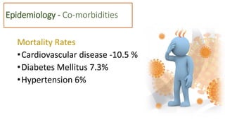 Epidemiology - Co‐morbidities
Mortality Rates
•Cardiovascular disease -10.5 %
•Diabetes Mellitus 7.3%
•Hypertension 6%
 