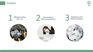 Problem
Difficulties Finding
Jobs in US
1 Challenges to find
Chinese Candidates
3No Easy Way to
Referrals Among Peers
2
 