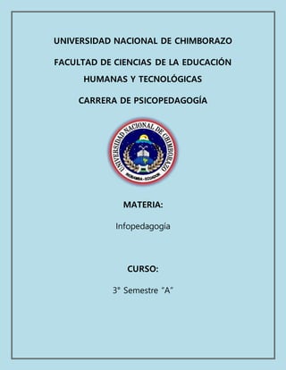UNIVERSIDAD NACIONAL DE CHIMBORAZO
FACULTAD DE CIENCIAS DE LA EDUCACIÓN
HUMANAS Y TECNOLÓGICAS
CARRERA DE PSICOPEDAGOGÍA
MATERIA:
Infopedagogía
CURSO:
3° Semestre “A”
 