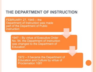 THE DEPARTMENT OF INSTRUCTION
FEBRUARY 27, 1945 – the
Department of Instruction was made
part of the Department of Public
instruction
1947 – By virtue of Executive Order
No. 94, the Department of Instruction
was changed to the Department of
Education
1972 – It became the Department of
Education and Culture by virtue of
Proclamation 1081
 