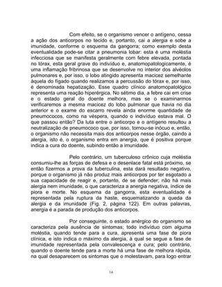 Com efeito, se o organismo vencer o antígeno, cessa
a ação dos anticorpos no tecido e, portanto, cai a alergia e sobe a
imunidade, conforme o esquema da gangorra; como exemplo desta
eventualidade pode-se citar a pneumonia lobar: esta é uma moléstia
infecciosa que se manifesta geralmente com febre elevada, pontada
no tórax, esta geral grave do indivíduo e, anatomopatologicamente, é
uma inflamação fribrinosa que se desenvolve no interior dos alvéolos
pulmonares e, por isso, o lobo atingido apresenta macicez semelhante
àquela do fígado quando realizamos a percussão do tórax e, por isso,
é denominada hepatização. Esse quadro clínico anatomopatológico
representa uma reação hiperérgica. No sétimo dia, a febre cai em crise
e o estado geral do doente melhora, mas se o examinarmos
verificaremos a mesma macicez do lobo pulmonar que havia no dia
anterior e o exame do escarro revela ainda enorme quantidade de
pneumococos, como na véspera, quando o indivíduo estava mal. O
que passou então? Da luta entre o anticorpo e o antígeno resultou a
neutralização de pneumococo que, por isso, tornou-se inócuo e, então,
o organismo não necessita mais dos anticorpos nesse órgão, caindo a
alergia, isto é, o organismo entra em anergia, que é positiva porque
indica a cura do doente, subindo então a imunidade.
Pelo contrário, um tuberculoso crônico cuja moléstia
consumiu-lhe as forças de defesa e o desenlace fatal está próximo, se
então fizermos a prova da tuberculina, esta dará resultado negativo,
porque o organismo já não produz mais anticorpos por ter esgotado a
sua capacidade de reagir e, portanto, de se defender; não há mais
alergia nem imunidade, o que caracteriza a anergia negativa, índice de
piora e morte. No esquema da gangorra, esta eventualidade é
representada pela ruptura da haste, esquematizando a queda da
alergia e da imunidade (Fig. 2, página 122). Em outras palavras,
anergia é a parada de produção dos anticorpos.
Por conseguinte, o estado anérgico do organismo se
caracteriza pela ausência de sintomas; todo indivíduo com alguma
moléstia, quando tende para a cura, apresenta uma fase de piora
clínica, e isto indica o máximo da alergia, à qual se segue a fase de
imunidade representada pela convalescença e cura; pelo contrário,
quando o doente tende para a morte há uma fase de melhora rápida,
na qual desaparecem os sintomas que o molestavam, para logo entrar
14
 