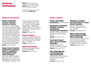 Centrum                            Miejsce Centrum Kultury Nowy
                                   Wspaniały Świat, ul. Nowy Świat 63
Festiwalowe                        Czynne codziennie przez wszystkie
                                   dni trwania festiwalu od godz. 11

                                   Na wszystkie wydarzenia w Centrum
                                   Festiwalowym wstęp wolny




Wydarzenia towarzyszące                                                 Debaty z artystami

Otwarta konferencja                mach inicjatywy „Nowy Teatr          Kurator cyklu debat i         Mieszkańcy i podróżni,
prasowa z udziałem                 w Nowym Wspaniałym Świe-             prowadzący Igor Stokfiszewski czyli zgromadzenie w innych
kuratorów i artystów               cie” Gościem wykładu będzie
                                       .                                                              stanach skupienia
Zapraszamy na prezentację          Stefan Kaegi – współtwórca           Niewidzialne, niewidzialni,   Dominic Huber, Mariano
niemieckiej i argentyńskiej edy-   kolektywu Rimini Protokoll oraz      pokojówki, robotnicy,         Pensotti, Jörg Karrenbauer,
cji projektu Miasta Równoległe     współkurator projektu Miasta         czyli biografie               Joanna Erbel
oraz zapowiedź nadchodzą-          Równoległe.                          cichociemnych kapitalizmu 2 czerwca, czwartek, godz. 19:00
cych warszawskich wydarzeń.        25 maja, środa, godz. 19:00          Lola Arias, Gerardo Naumann,
Inicjatywę przedstawią kura-                                            Katarzyna Czeczot, Maciej     Miasto, sztuka, polityka,
torzy Lola Arias i Stefan Kaegi    Otwarcie festiwalu                   Gdula                         czyli urbanistyczny teatr
oraz artyści – Ant Hampton,        Impreza z udziałem kuratorów         28 maja, sobota, godz. 19:00  aktora społecznego
Christian Garcia, Gerardo Na-      i artystów. Dj’s set: Ed Szynszyl,                                 Lola Arias, Stefan Kaegi, Joanna
umann. Konferencję poprowa-        Cpt. Sparky i gościnnie Wojtek       Konsumenci idą pod            Erbel, Piotr Gruszczyński,
dzi dramaturg polskiej edycji      Kidoń – perkusja.                    prąd, czyli performatyka      Roman Pawłowski, Bartosz
projektu Igor Stokfiszewski.       27 maja, piątek, godz. 22:00         opozycyjna                    Szydłowski, Patrick Primavesi
18 maja, środa, godz. 20:00                                             Agnieszka Kurant, Ant         3 czerwca, piątek, godz. 19:00
                                   Zakończenie festiwalu                Hampton, Ole Frahm (Ligna)
Eksperci życia. Prawdziwi          Impreza zamykająca festiwal          29 maja, niedziela, godz. 19:00
bohaterowie prawdziwych            Miasta Równoległe.
historii w spektaklach             3 czerwca, piątek, godz. 21:00       Chór wyśpiewuje orga­
Grass Market Project                                                    niczność wspólnoty,
i Rimini Protokoll                                                      czyli polityka pieśni
Wykład Romana Pawłowskie-                                               Stefan Kaegi, Christian Garcia,
go z cyklu „Teatr non-fiction.                                          Marta Górnicka, Dorota
Wprowadzenie do teatru doku-                                            Sajewska,
mentalnego i verbatimu” w ra-                                           1 czerwca, środa, godz. 19:00
 