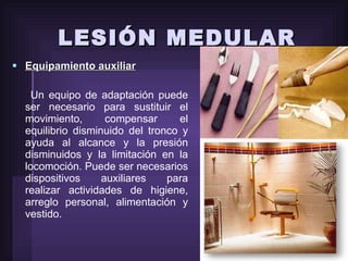 LESIÓN MEDULAR Equipamiento auxiliar Un equipo de adaptación puede ser necesario para sustituir el movimiento, compensar el equilibrio disminuido del tronco y ayuda al alcance y la presión disminuidos y la limitación en la locomoción. Puede ser necesarios dispositivos auxiliares para realizar actividades de higiene, arreglo personal, alimentación y vestido. 