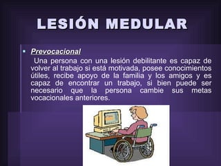 LESIÓN MEDULAR Prevocacional Una persona con una lesión debilitante es capaz de volver al trabajo si está motivada, posee conocimientos útiles, recibe apoyo de la familia y los amigos y es capaz de encontrar un trabajo, si bien puede ser necesario que la persona cambie sus metas vocacionales anteriores. 